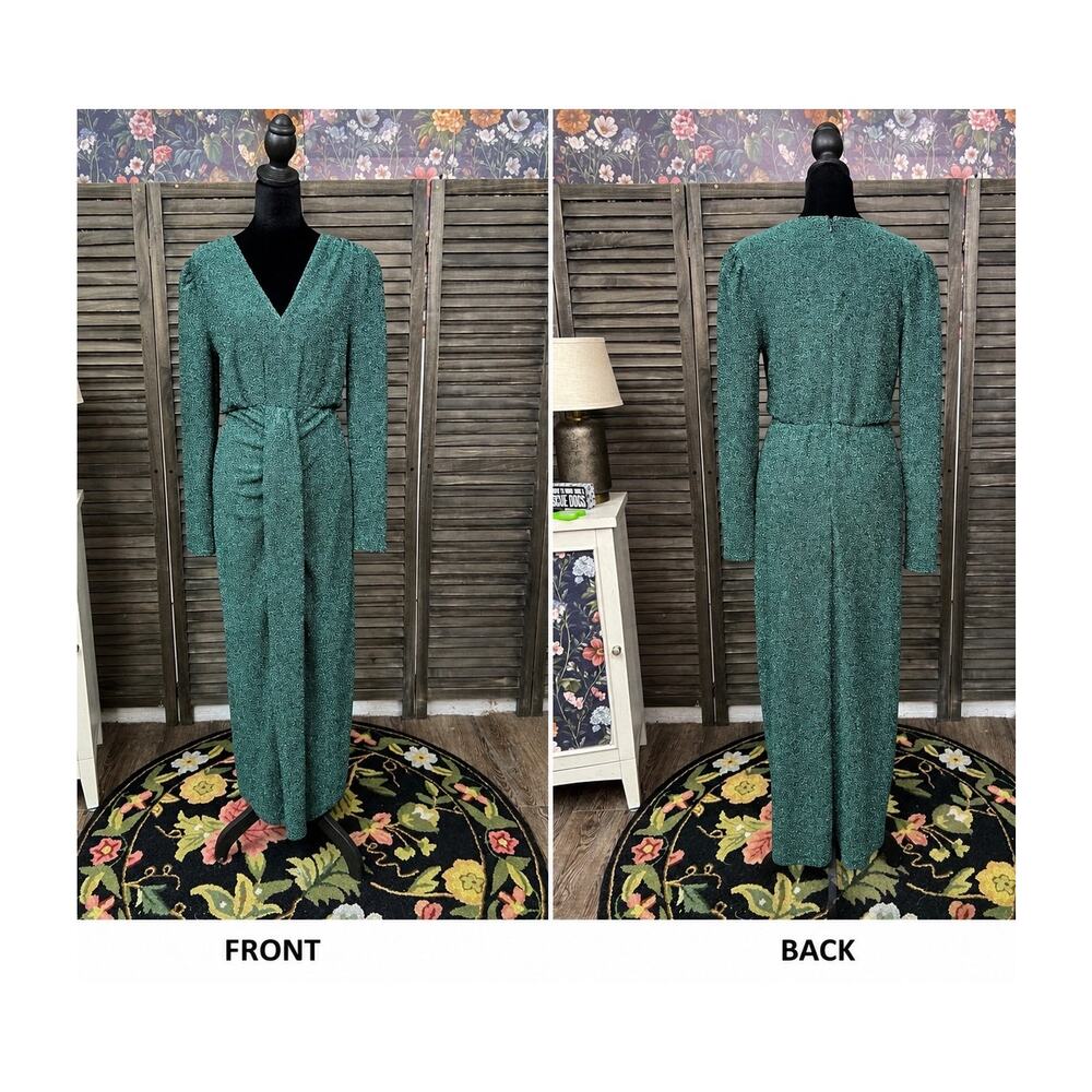 Petal & Pup Drama Queen Hunter Green Metallic Long Sleeve Slit Midi Dress M NWOT - Picture 7 of 9